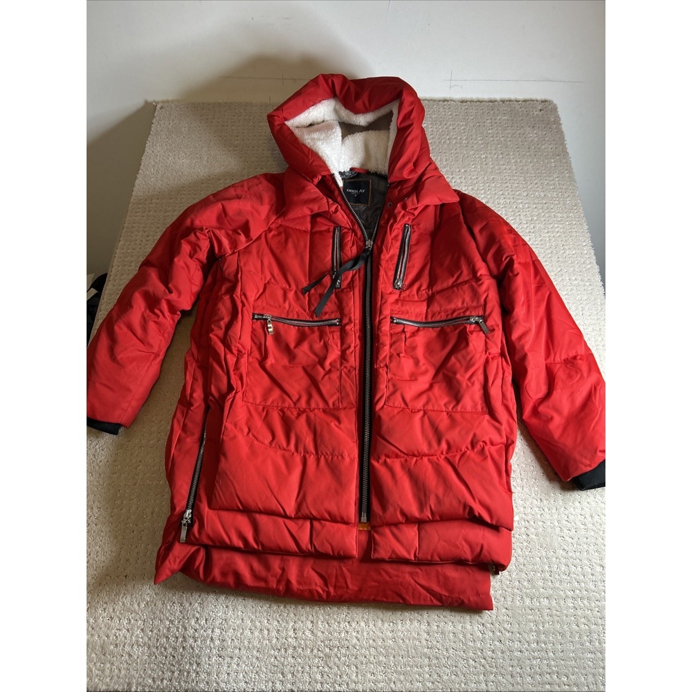 Orolay Red Down Winter Coat  Fleece Hooded Cargo Zip‎ Jacket size M